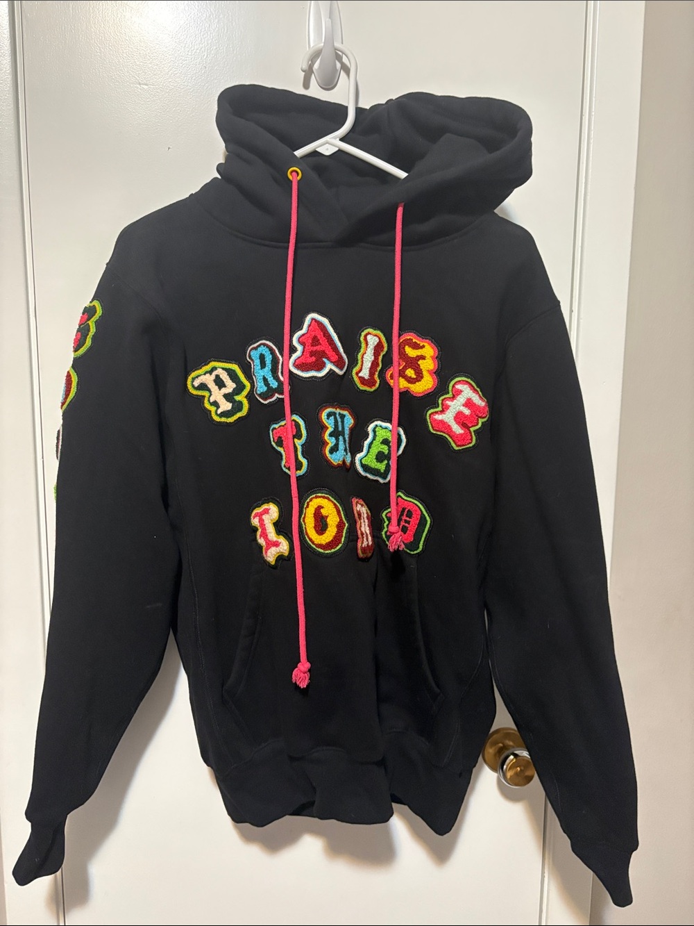 Black worship Hoodie with Colorful Appliqué Letters and Pink Drawstrings